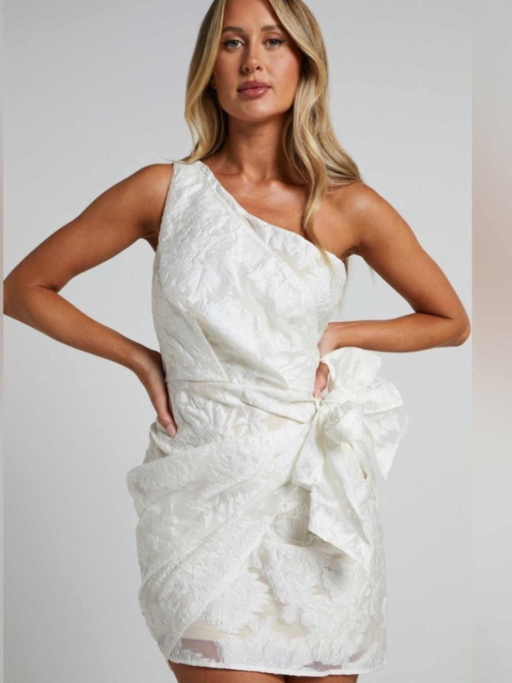Showpo BRAILEY MINI DRESS One Shoulder Wrap Front Dress In White Jacquard